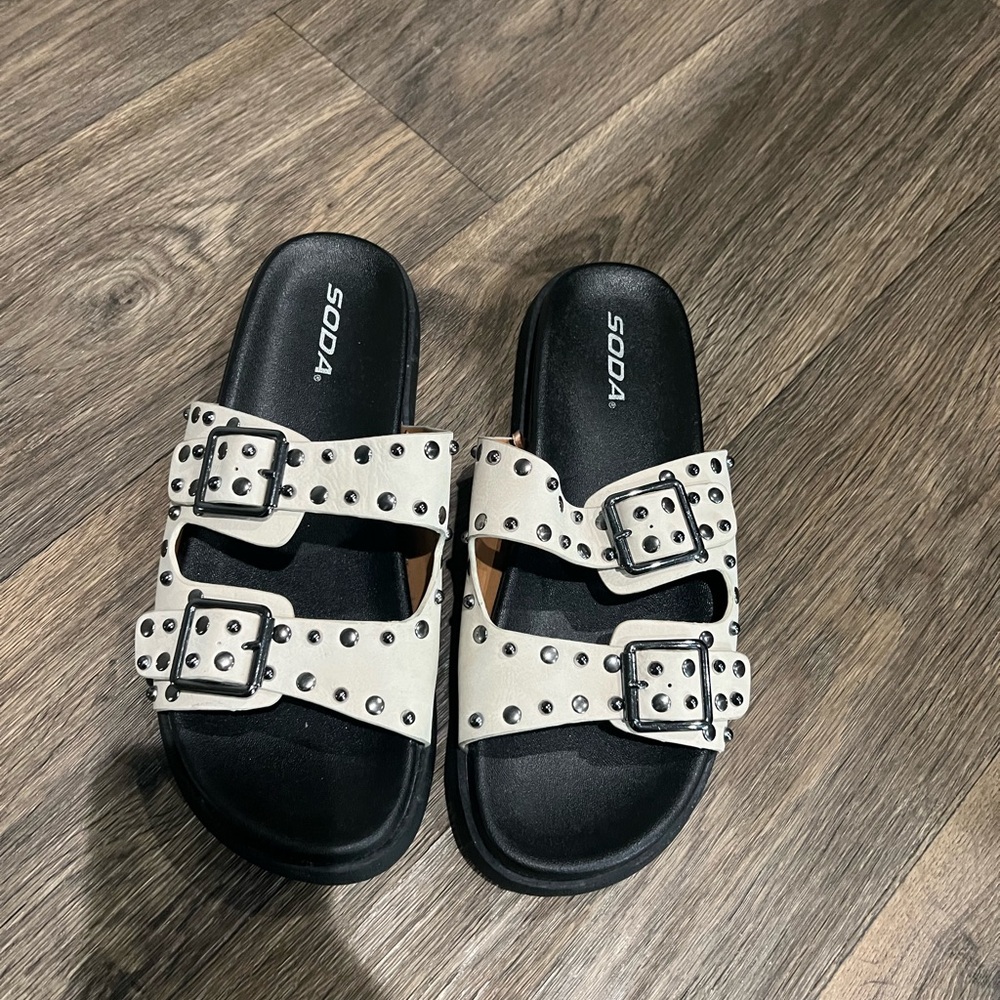 Soda Black and White Studded Buckle Slides